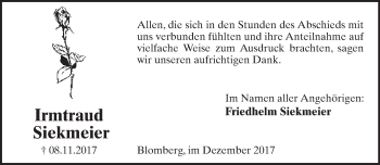 Anzeige  Irmtraud Siekmeier  Lippische Landes-Zeitung