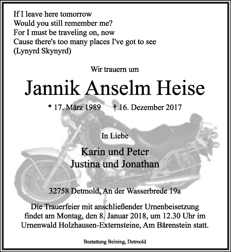  Traueranzeige für Jannik Anselm Heise vom 30.12.2017 aus Lippische Landes-Zeitung