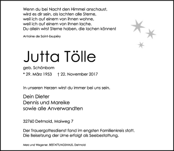 Anzeige  Jutta Tölle  Lippische Landes-Zeitung