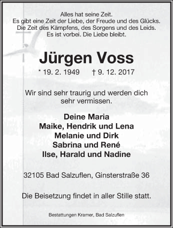 Anzeige  Jürgen Voss  Lippische Landes-Zeitung