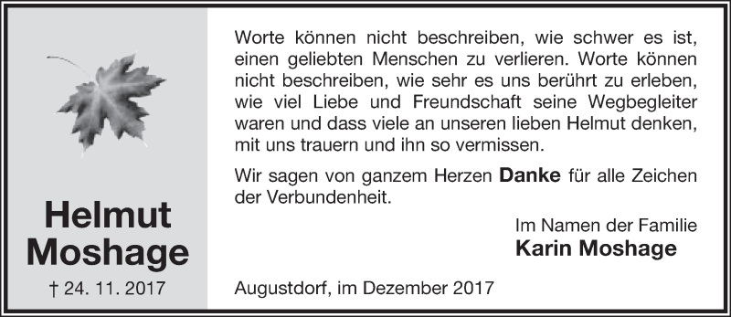  Traueranzeige für Helmut Moshage vom 23.12.2017 aus Lippische Landes-Zeitung