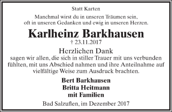 Anzeige  Karlheinz Barkhausen  Lippische Landes-Zeitung