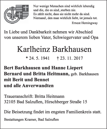 Anzeige  Karlheinz Barkhausen  Lippische Landes-Zeitung