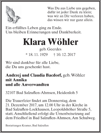 Anzeige  Klara Wöhler  Lippische Landes-Zeitung