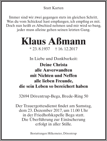 Anzeige  Klaus Aßmann  Lippische Landes-Zeitung