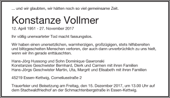 Anzeige  Konstanze Vollmer  Lippische Landes-Zeitung