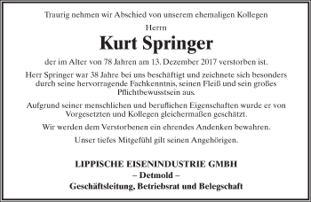 Anzeige  Kurt Springer  Lippische Landes-Zeitung