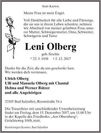 Anzeige  Leni Olberg  Lippische Landes-Zeitung