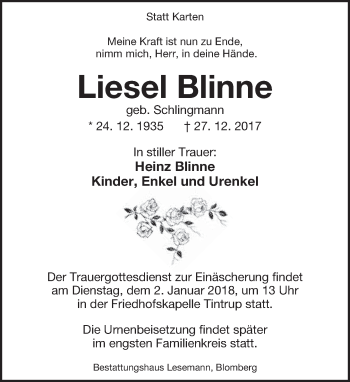 Anzeige  Liesel Blinne  Lippische Landes-Zeitung