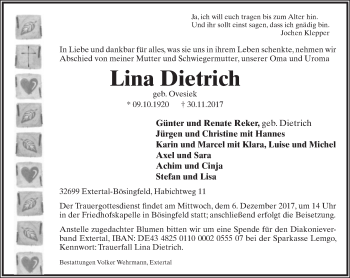Anzeige  Lina Dietrich  Lippische Landes-Zeitung
