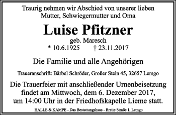 Anzeige  Luise Pfitzner  Lippische Landes-Zeitung