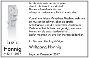 Anzeige  Luzia Hannig  Lippische Landes-Zeitung