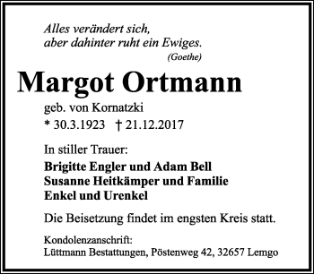 Anzeige  Margot Ortmann  Lippische Landes-Zeitung