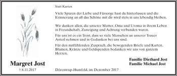 Anzeige  Margret Jost  Lippische Landes-Zeitung