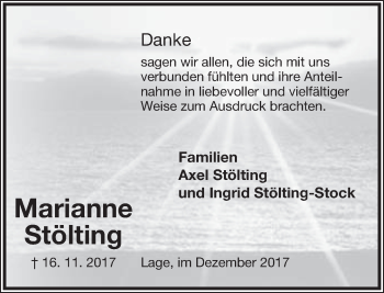 Anzeige  Marianne Stölting  Lippische Landes-Zeitung