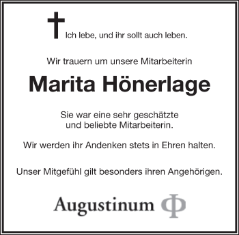 Anzeige  Marita Hönerlage  Lippische Landes-Zeitung