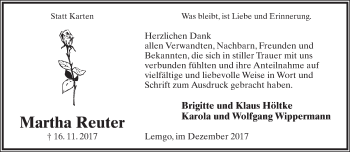 Anzeige  Martha Reuter  Lippische Landes-Zeitung