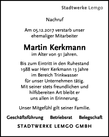 Anzeige  Martin Kerkmann  Lippische Landes-Zeitung