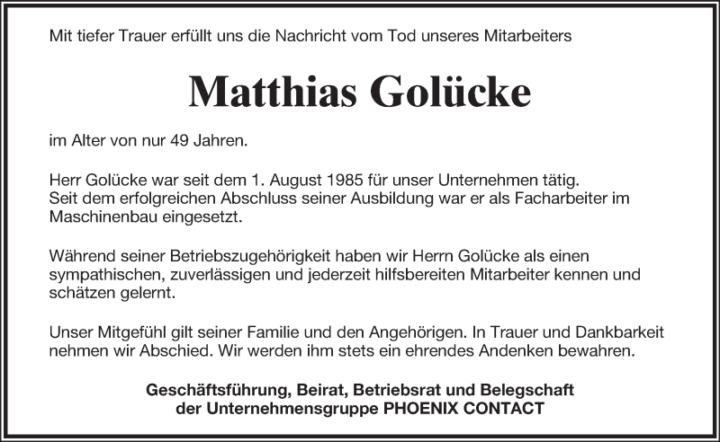  Traueranzeige für Matthias Golücke vom 16.12.2017 aus Lippische Landes-Zeitung