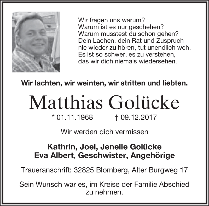  Traueranzeige für Matthias Golücke vom 16.12.2017 aus Lippische Landes-Zeitung