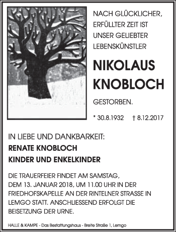 Anzeige  Nikolaus Knobloch  Lippische Landes-Zeitung