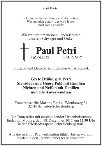 Anzeige  Paul Petri  Lippische Landes-Zeitung