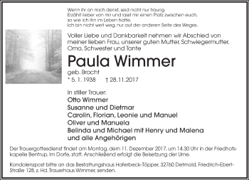 Anzeige  Paula Wimmer  Lippische Landes-Zeitung
