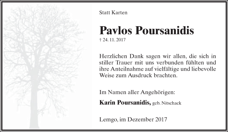  Traueranzeige für Pavlos Poursanidis vom 23.12.2017 aus Lippische Landes-Zeitung