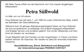 Anzeige  Petra Süllwold  Lippische Landes-Zeitung