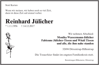 Anzeige  Reinhard Jülicher  Lippische Landes-Zeitung