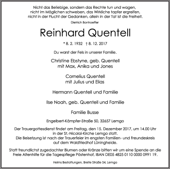 Anzeige  Reinhard Quentell  Lippische Landes-Zeitung