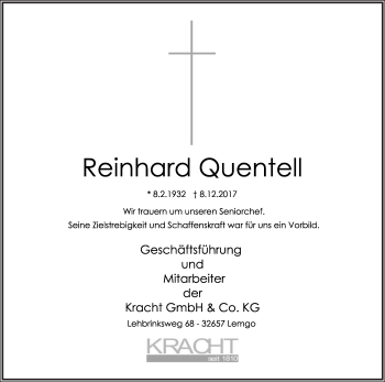 Anzeige  Reinhard Quentell  Lippische Landes-Zeitung