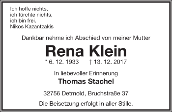 Anzeige  Rena Klein  Lippische Landes-Zeitung