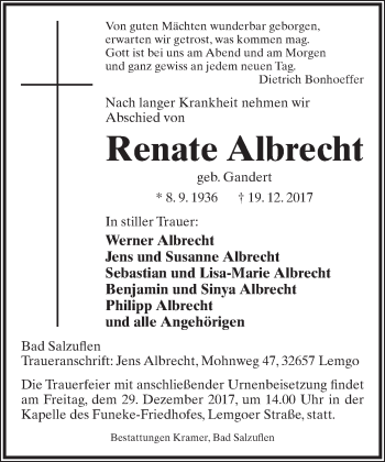 Anzeige  Renate Albrecht  Lippische Landes-Zeitung