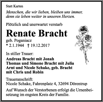 Anzeige  Renate Bracht  Lippische Landes-Zeitung