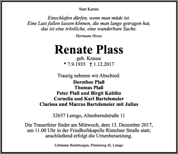 Anzeige  Renate Plass  Lippische Landes-Zeitung