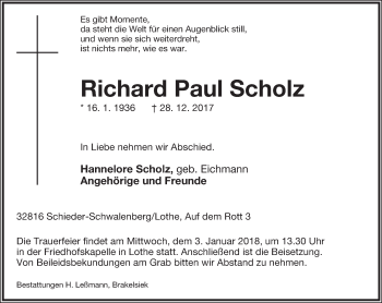 Anzeige  Richard Paul Scholz  Lippische Landes-Zeitung