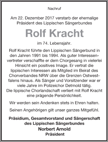 Anzeige  Rolf Kracht  Lippische Landes-Zeitung