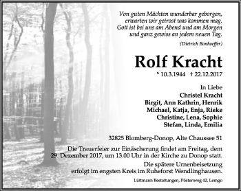 Anzeige  Rolf Kracht  Lippische Landes-Zeitung