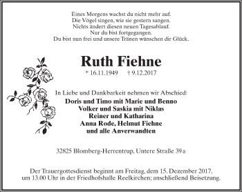 Anzeige  Ruth Fiehne  Lippische Landes-Zeitung