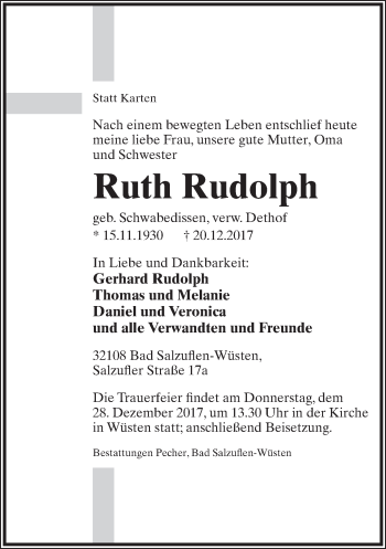 Anzeige  Ruth Rudolph  Lippische Landes-Zeitung