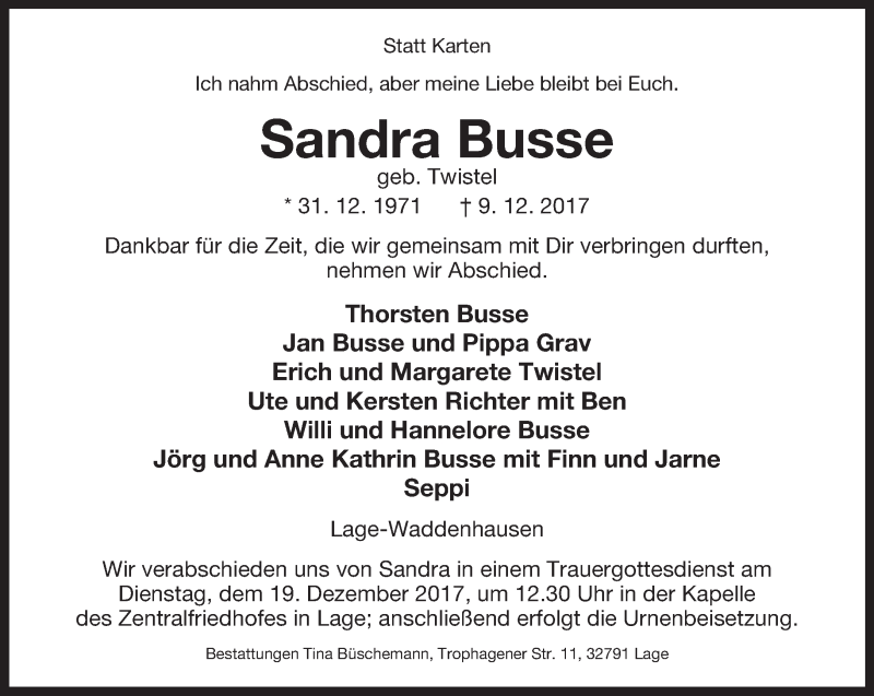  Traueranzeige für Sandra Busse vom 16.12.2017 aus Lippische Landes-Zeitung