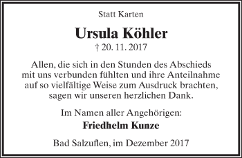 Anzeige  Ursula Köhler  Lippische Landes-Zeitung