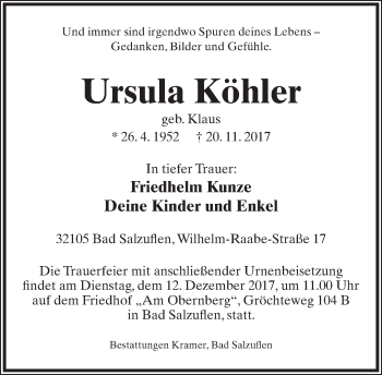 Anzeige  Ursula Köhler  Lippische Landes-Zeitung