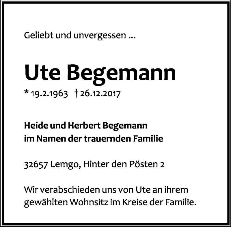  Traueranzeige für Ute Begemann vom 28.12.2017 aus Lippische Landes-Zeitung