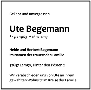 Anzeige  Ute Begemann  Lippische Landes-Zeitung
