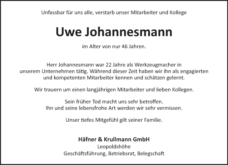  Traueranzeige für Uwe Johannesmann vom 09.12.2017 aus Lippische Landes-Zeitung