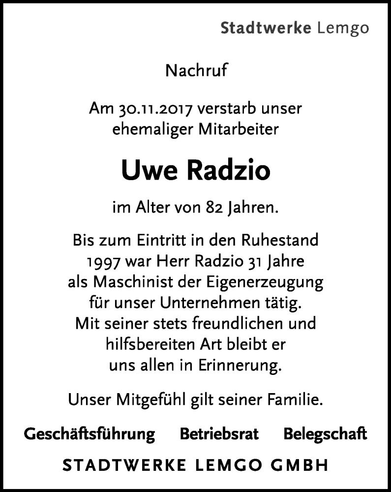  Traueranzeige für Uwe Radzio vom 13.12.2017 aus Lippische Landes-Zeitung