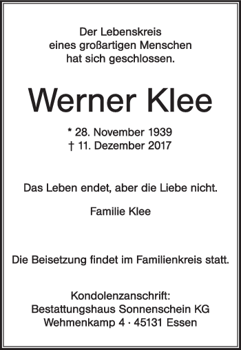 Anzeige  Werner Klee  Lippische Landes-Zeitung