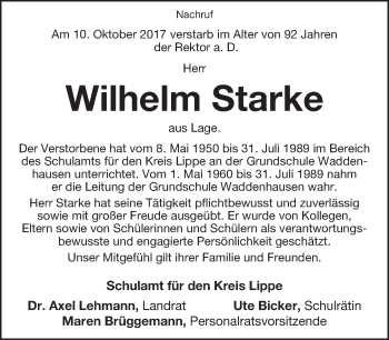 Anzeige  Wilhelm Starke  Lippische Landes-Zeitung